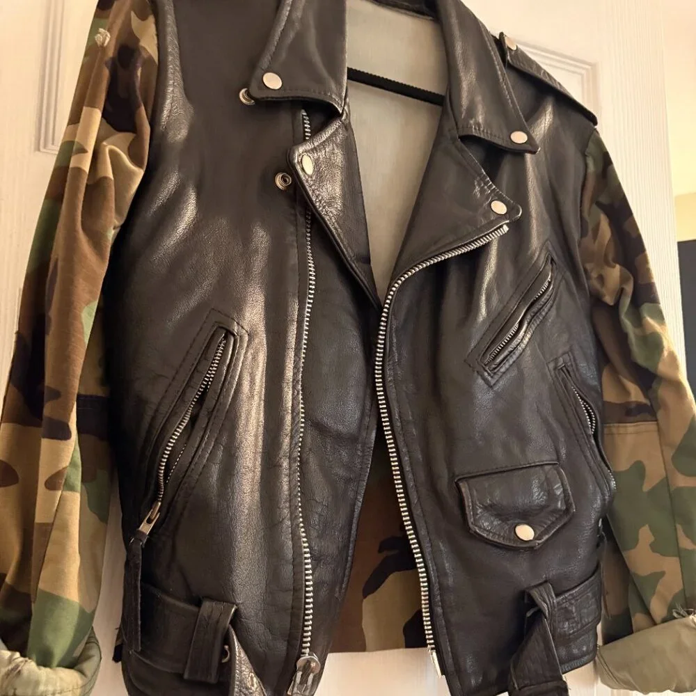 Upcycled DIY Handmade Authentic Motorcycle Jacket Real Leather Camo - Picture 2 of 3